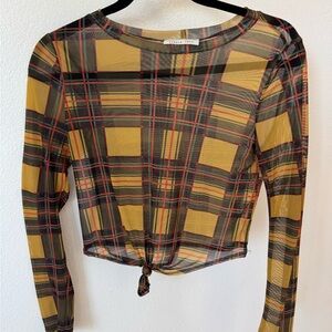 Plaid Long Sleeve Tie-Front Top